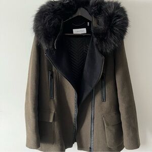 Calvin Klein Coat with Black Faux Fur Hood